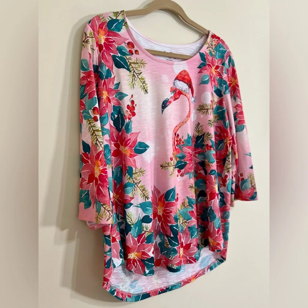 CORAL BAY Tropical Christmas Flamingo Bedazzled Blouse Coastal  Size XL - Picture 3 of 12